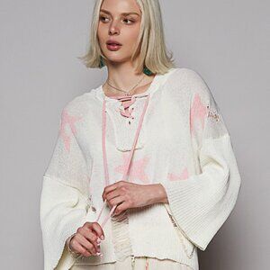 POL Cream and Pink Star Print Sweater Hoodie NWT
